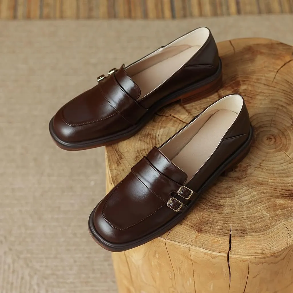 Women's Classic Buckle Slip On Penny Loafers Flats Square Toe Leather Business Dress Oxford Shoes