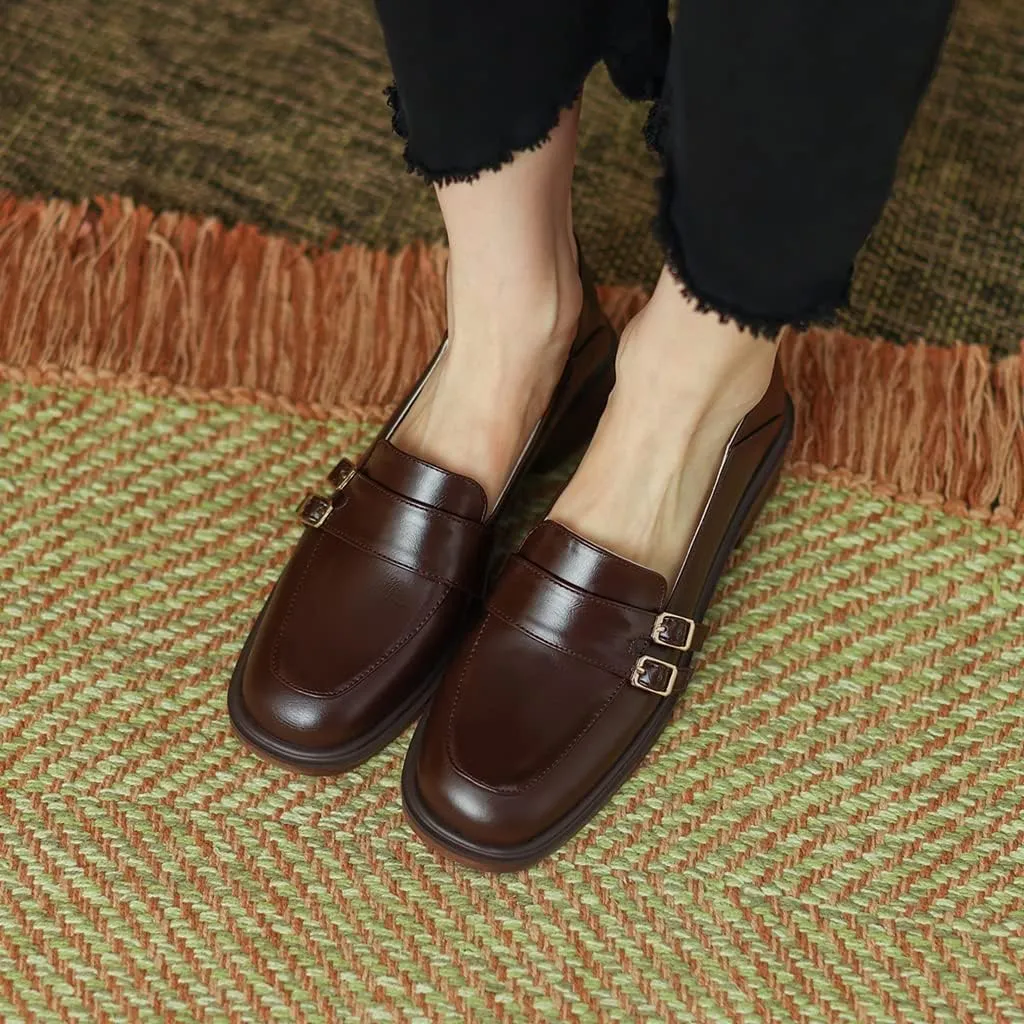Women's Classic Buckle Slip On Penny Loafers Flats Square Toe Leather Business Dress Oxford Shoes