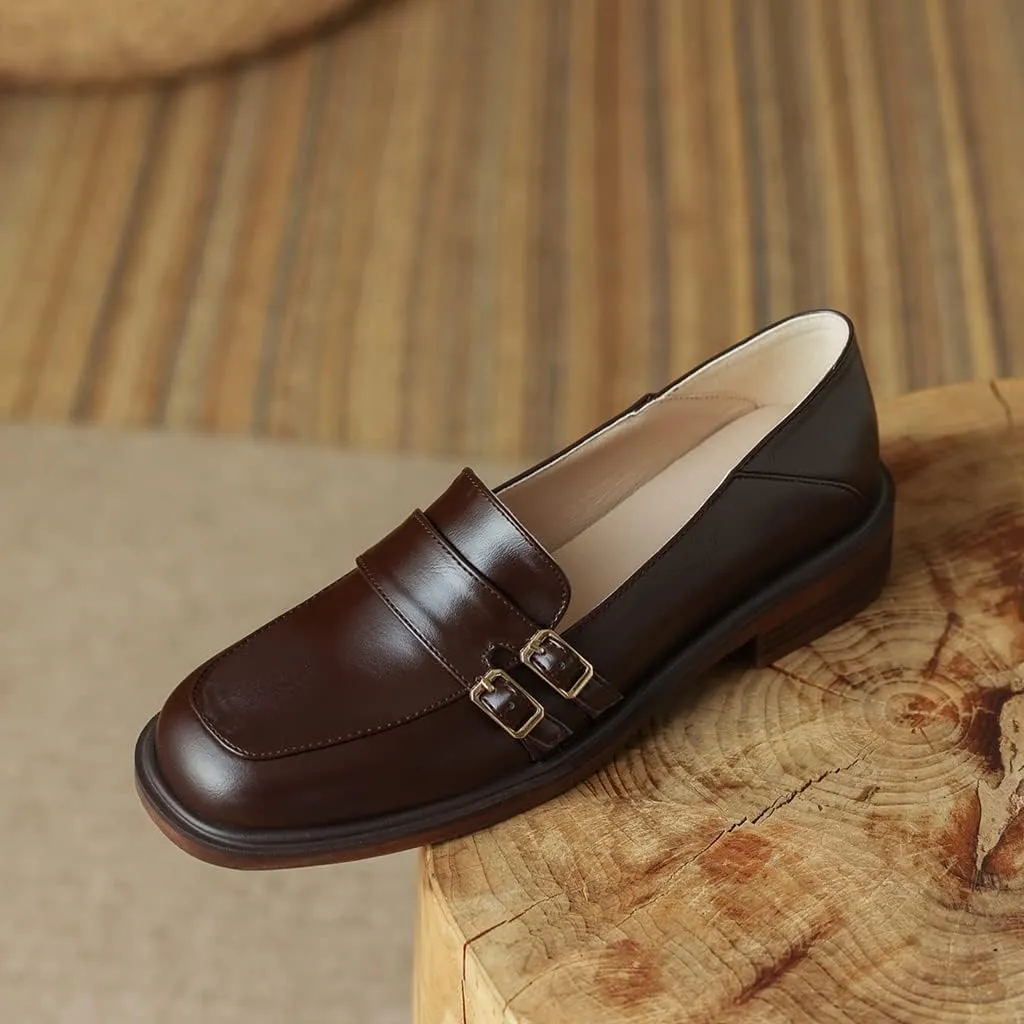 Women's Classic Buckle Slip On Penny Loafers Flats Square Toe Leather Business Dress Oxford Shoes