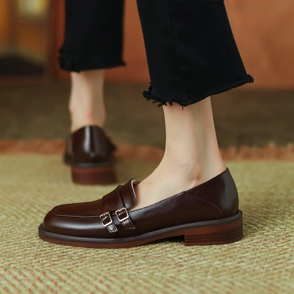 Women's Classic Buckle Slip On Penny Loafers Flats Square Toe Leather Business Dress Oxford Shoes