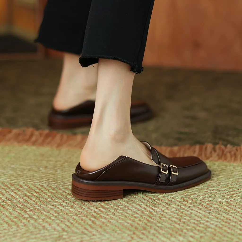 Women's Classic Buckle Slip On Penny Loafers Flats Square Toe Leather Business Dress Oxford Shoes