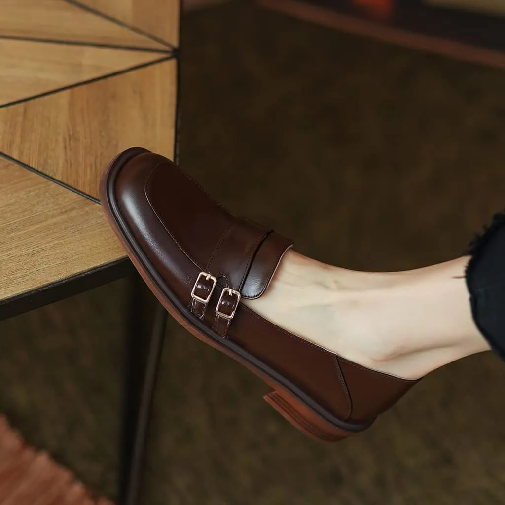 Women's Classic Buckle Slip On Penny Loafers Flats Square Toe Leather Business Dress Oxford Shoes