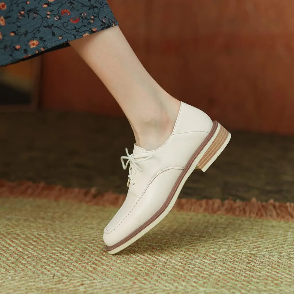 Women's Classic Lace Up Loafers Flats Square Toe Leather Low Heels Work Office Dress Oxford Shoes