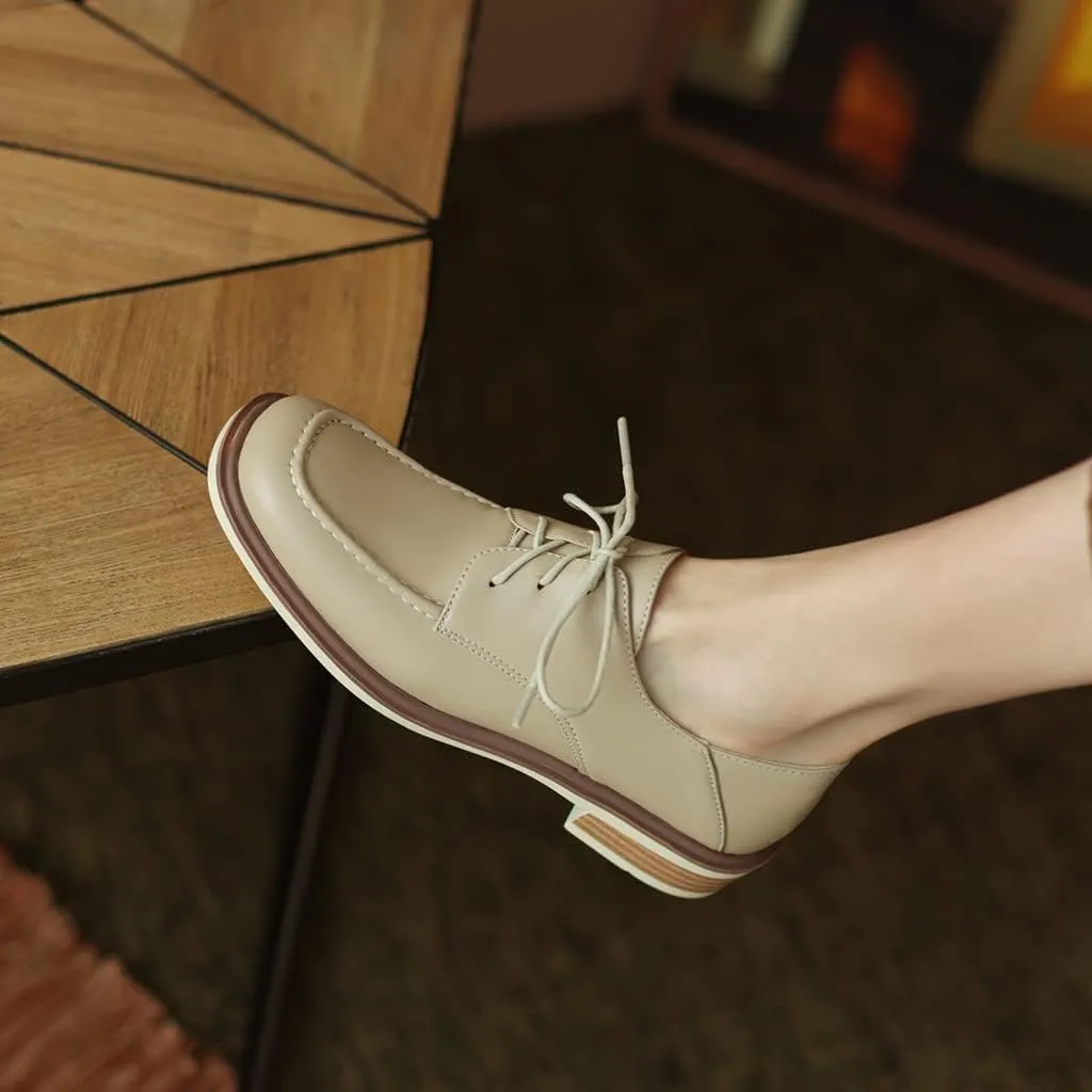 Women's Classic Lace Up Loafers Flats Square Toe Leather Low Heels Work Office Dress Oxford Shoes