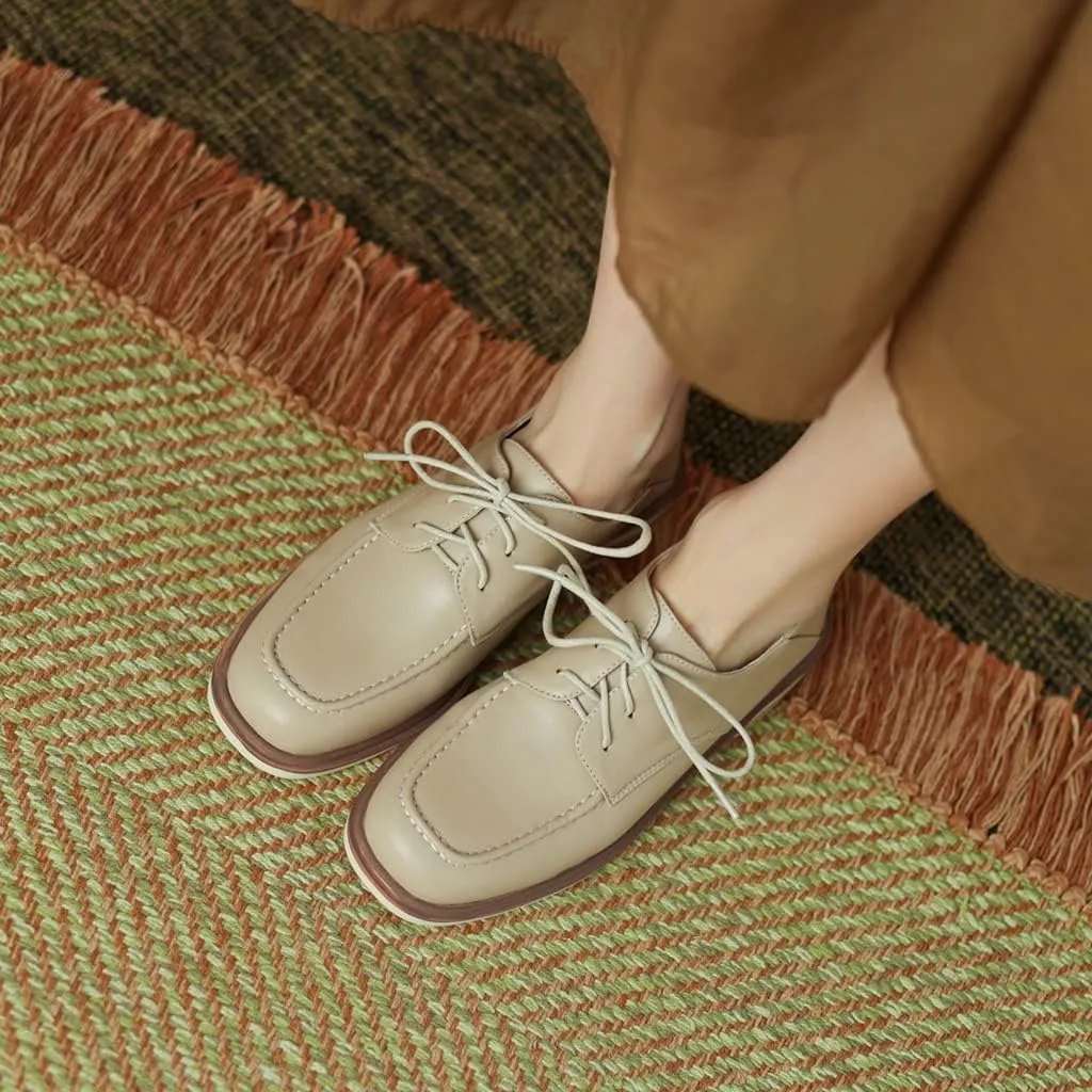 Women's Classic Lace Up Loafers Flats Square Toe Leather Low Heels Work Office Dress Oxford Shoes