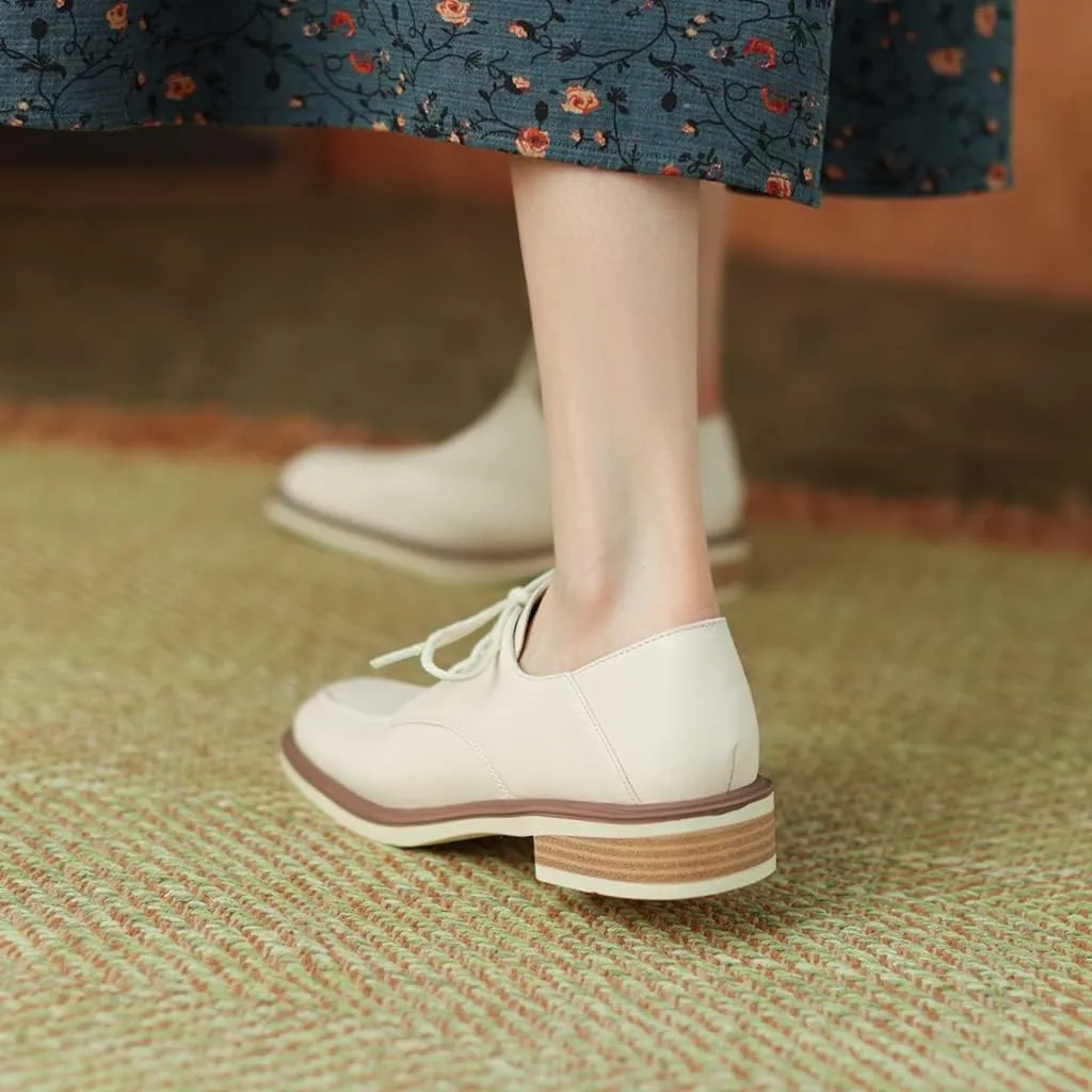 Women's Classic Lace Up Loafers Flats Square Toe Leather Low Heels Work Office Dress Oxford Shoes