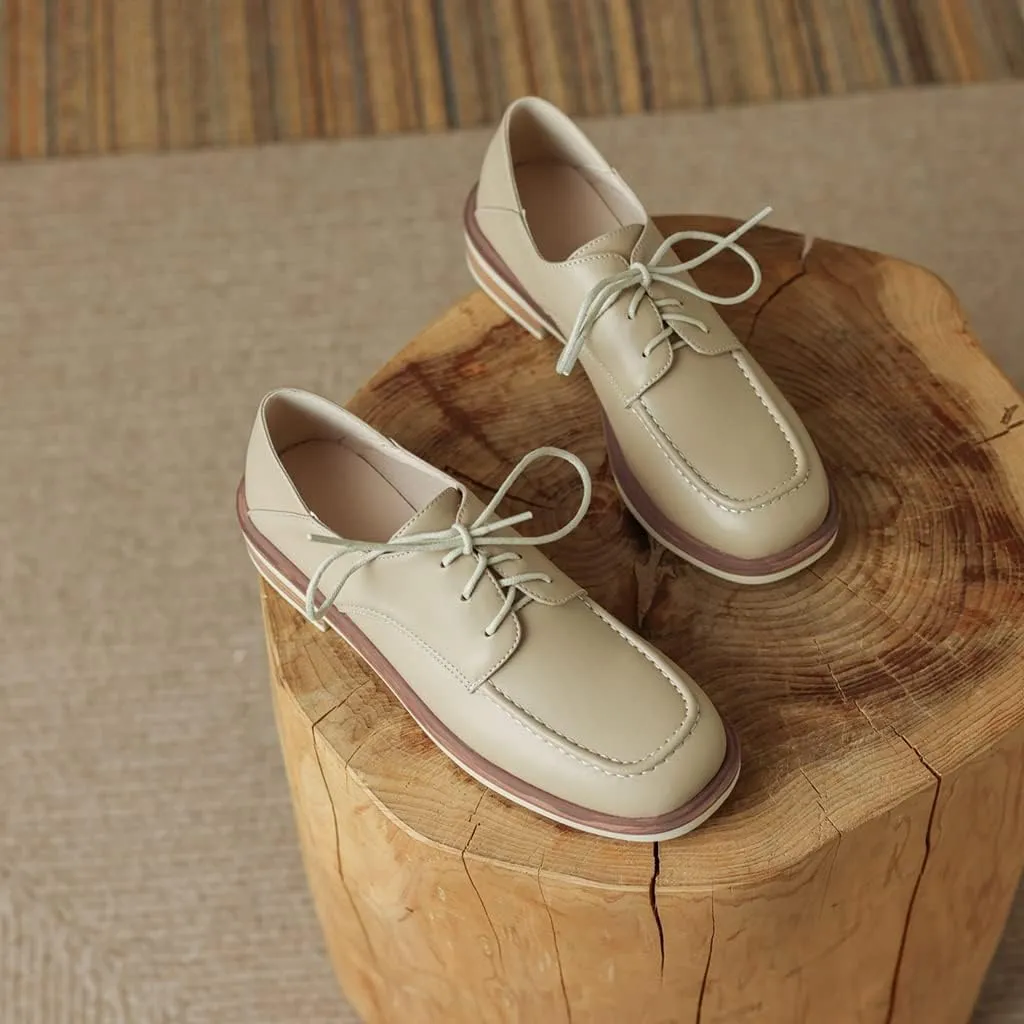 Women's Classic Lace Up Loafers Flats Square Toe Leather Low Heels Work Office Dress Oxford Shoes