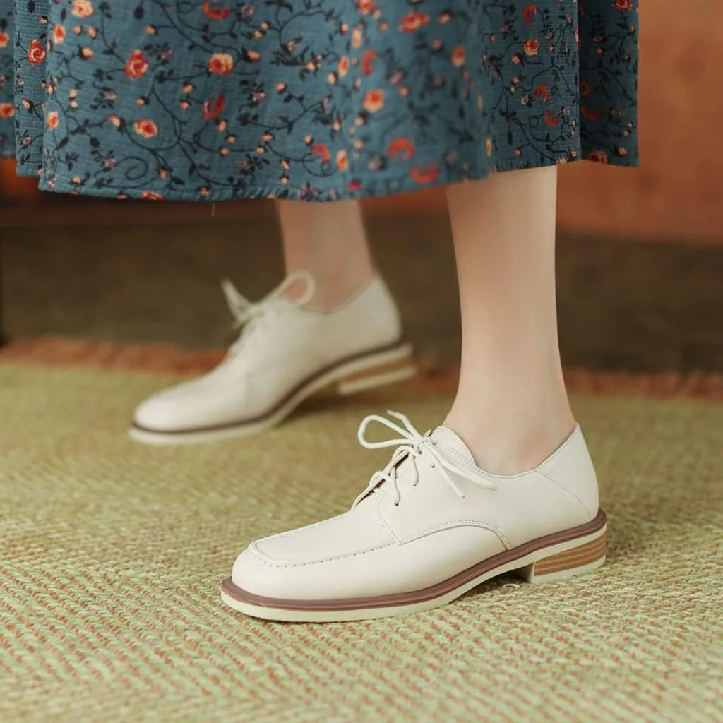 Women's Classic Lace Up Loafers Flats Square Toe Leather Low Heels Work Office Dress Oxford Shoes