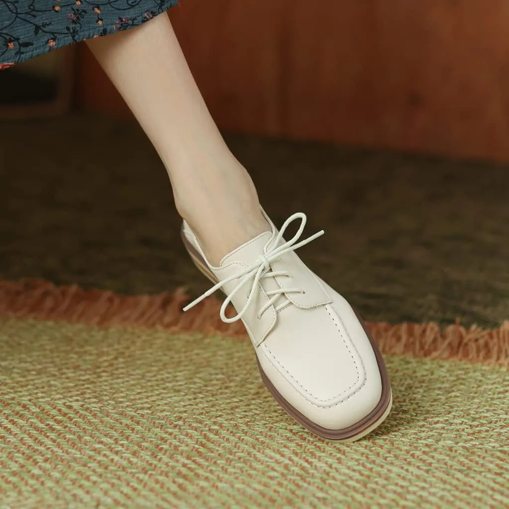 Women's Classic Lace Up Loafers Flats Square Toe Leather Low Heels Work Office Dress Oxford Shoes