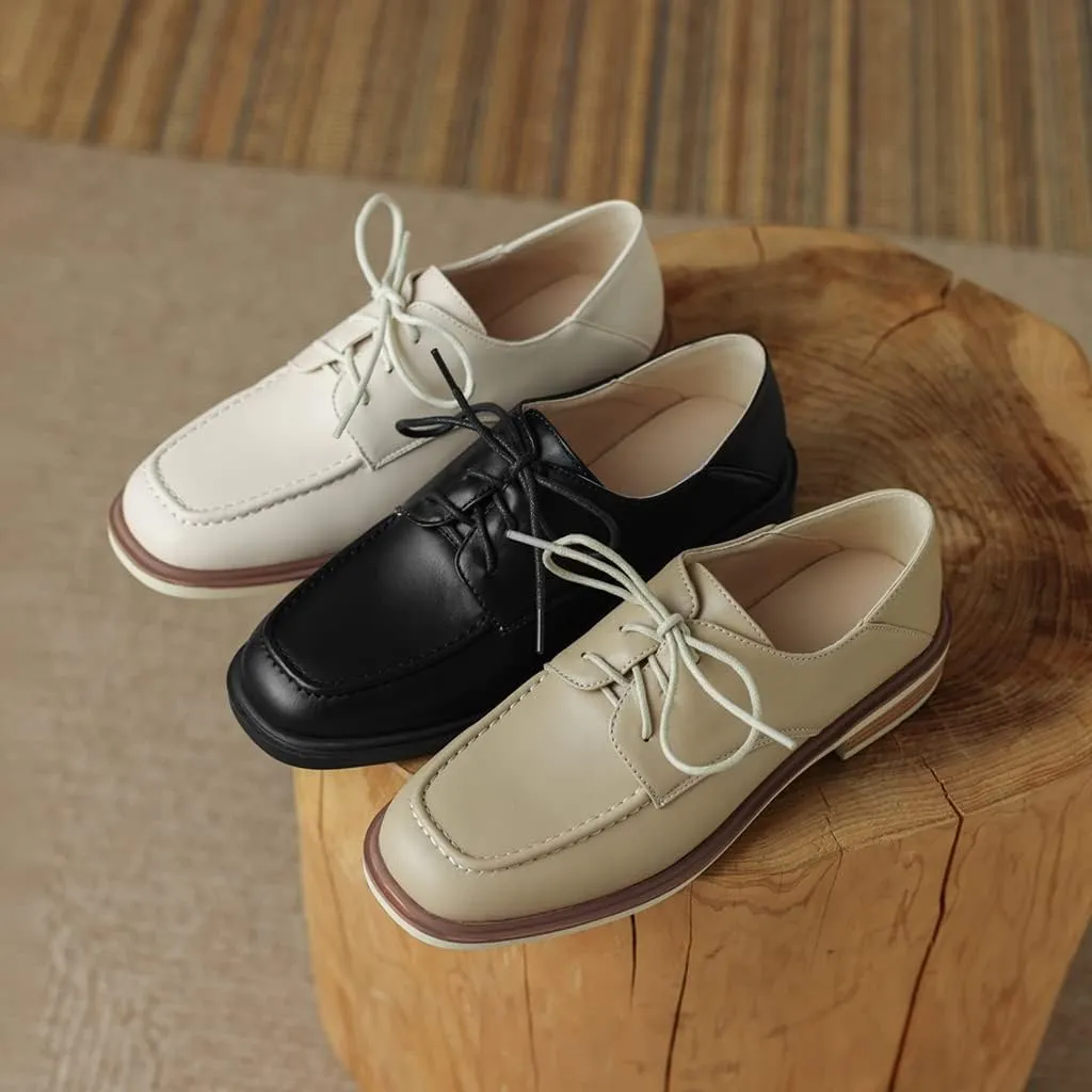 Women's Classic Lace Up Loafers Flats Square Toe Leather Low Heels Work Office Dress Oxford Shoes