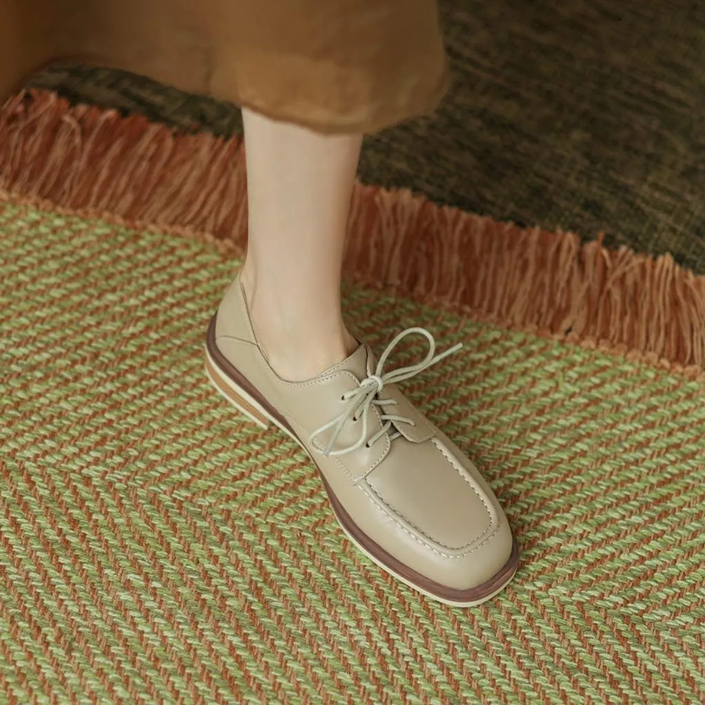 Women's Classic Lace Up Loafers Flats Square Toe Leather Low Heels Work Office Dress Oxford Shoes
