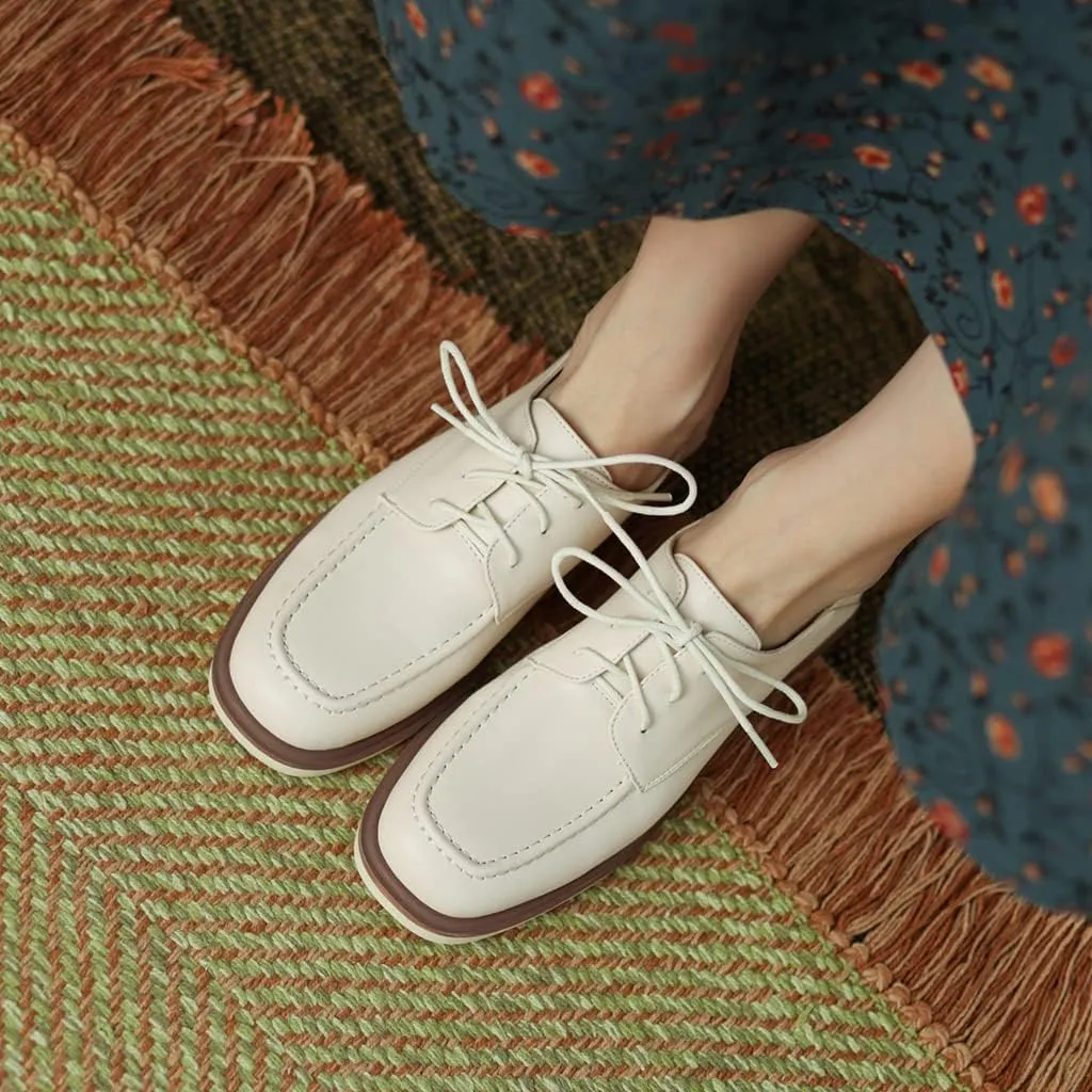 Women's Classic Lace Up Loafers Flats Square Toe Leather Low Heels Work Office Dress Oxford Shoes