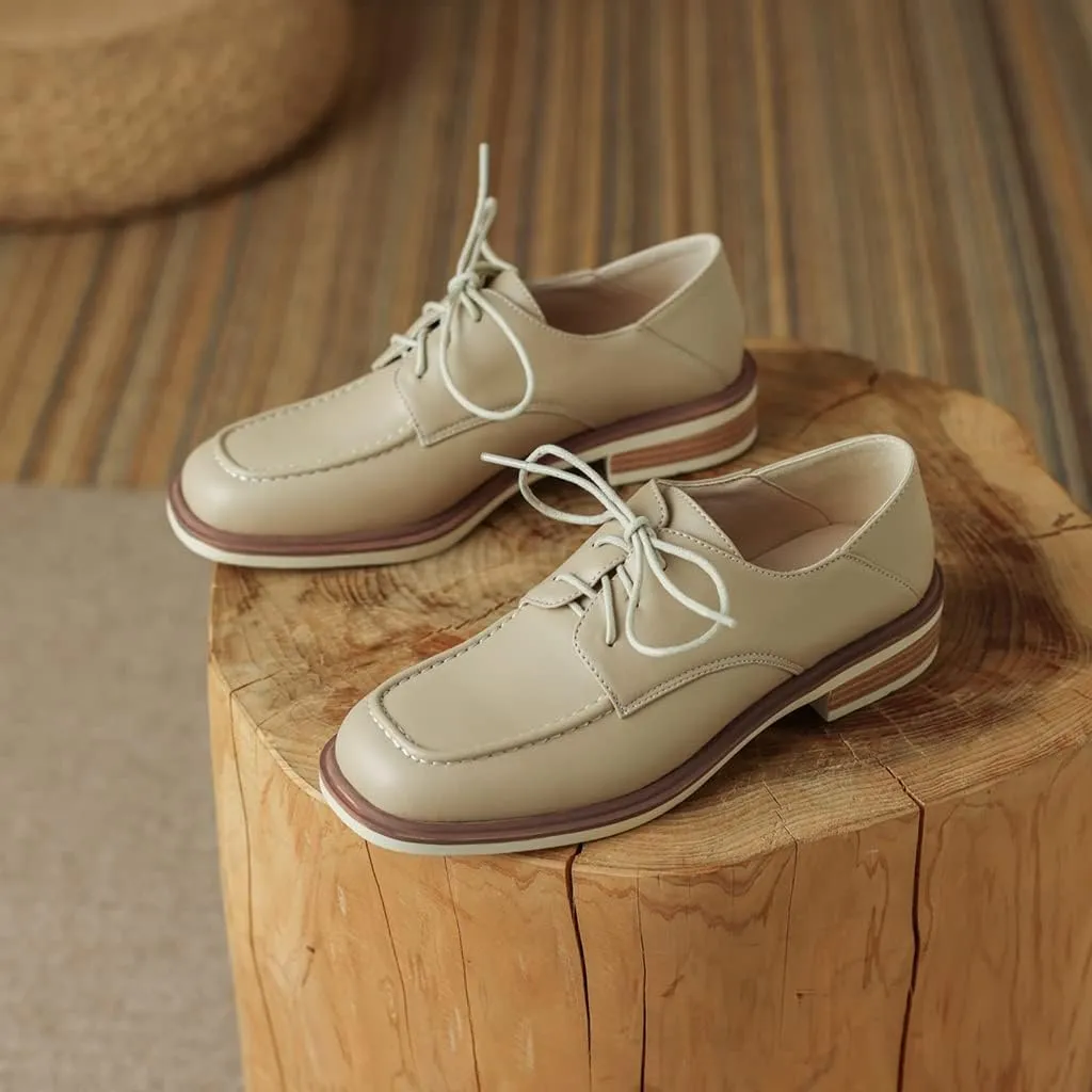 Women's Classic Lace Up Loafers Flats Square Toe Leather Low Heels Work Office Dress Oxford Shoes