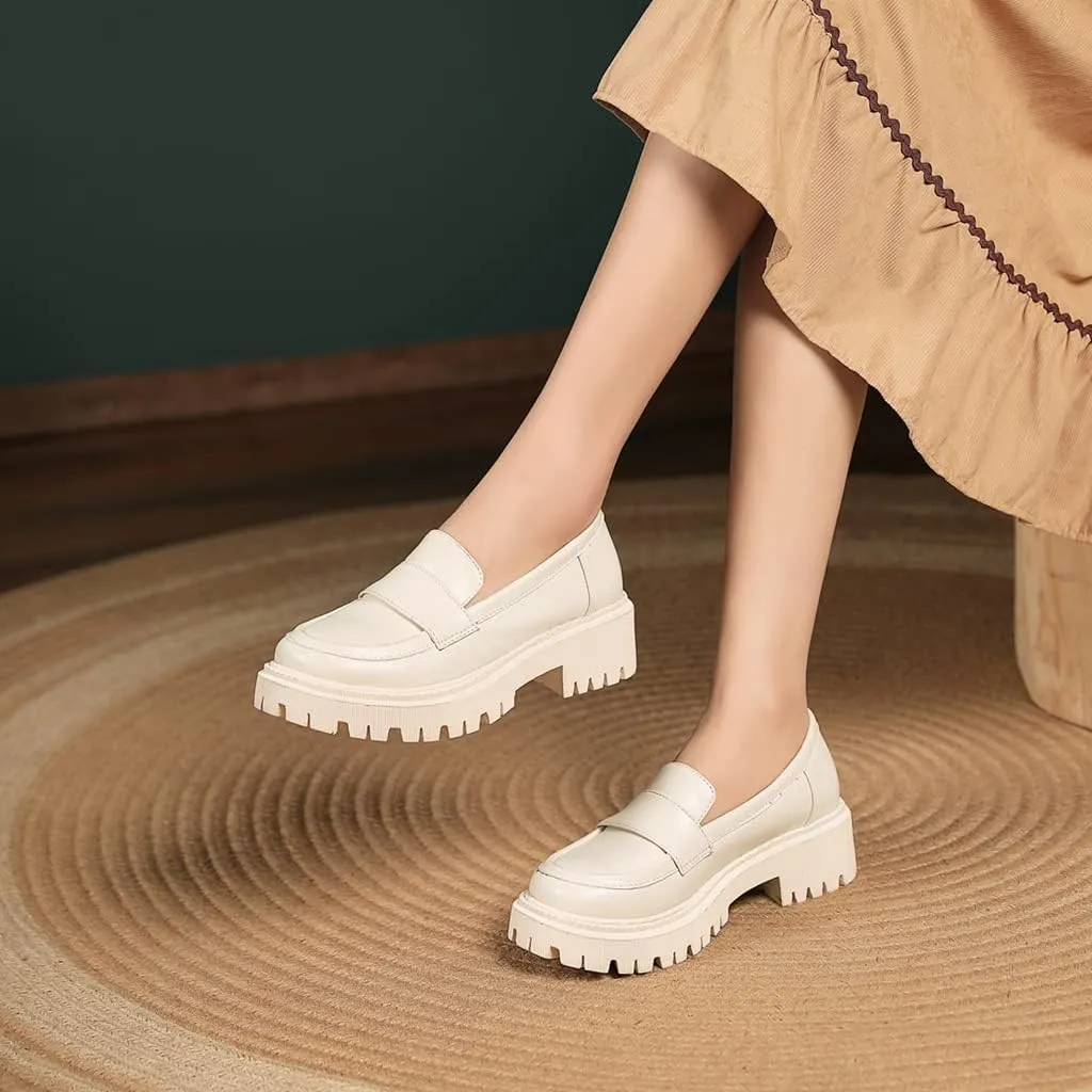 Women's Classic Slip On Penny Loafers Round Toe Leather Platform Mid Heel Dress Oxford Pump Shoes