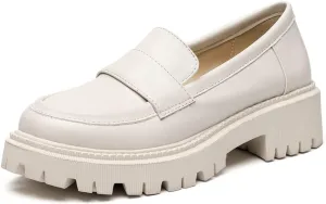 Women's Classic Slip On Penny Loafers Round Toe Leather Platform Mid Heel Dress Oxford Pump Shoes