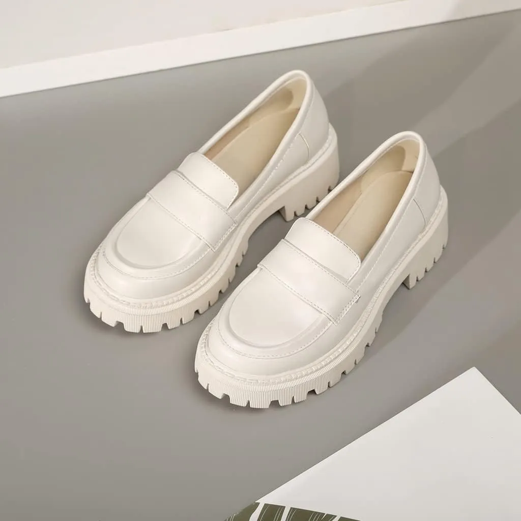 Women's Classic Slip On Penny Loafers Round Toe Leather Platform Mid Heel Dress Oxford Pump Shoes