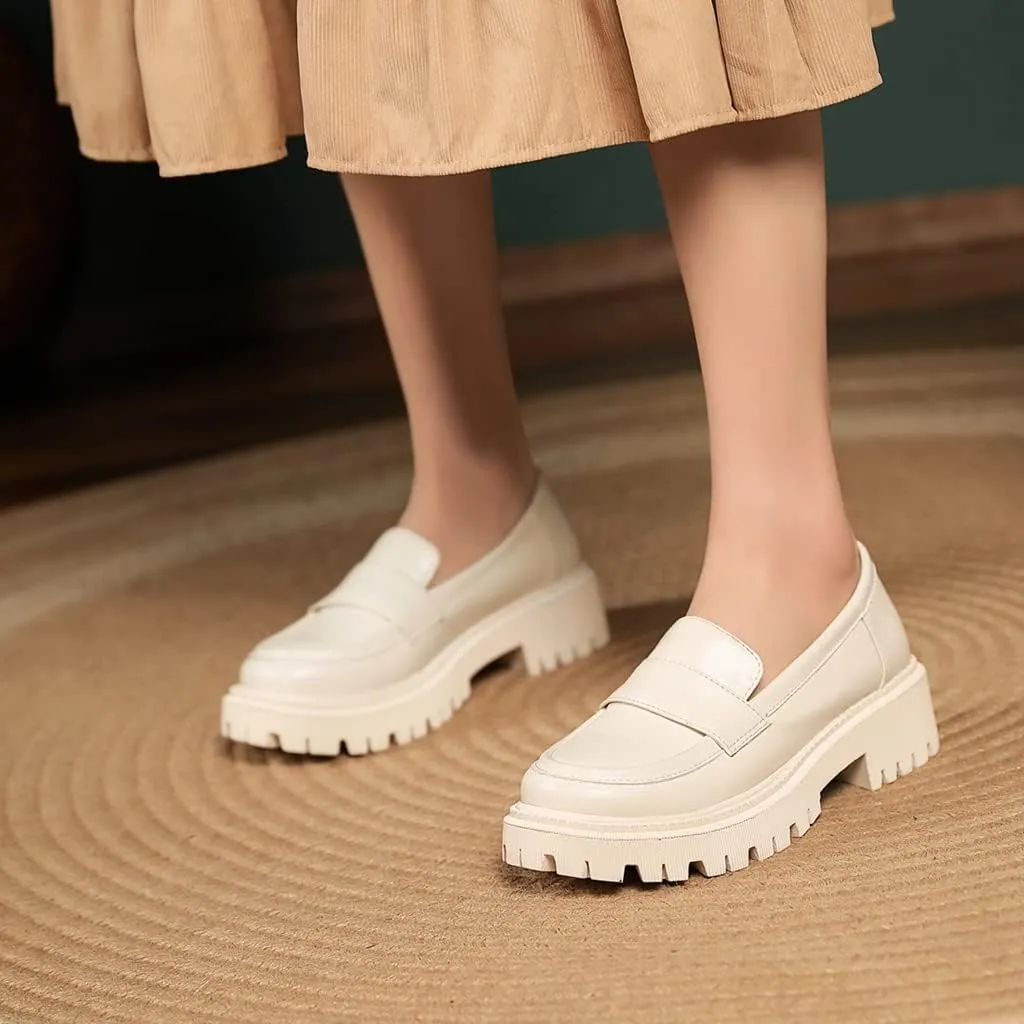 Women's Classic Slip On Penny Loafers Round Toe Leather Platform Mid Heel Dress Oxford Pump Shoes