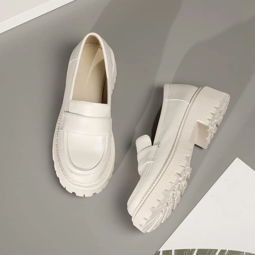 Women's Classic Slip On Penny Loafers Round Toe Leather Platform Mid Heel Dress Oxford Pump Shoes