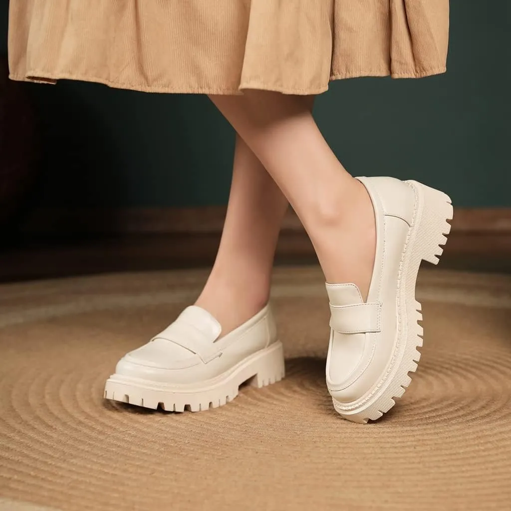 Women's Classic Slip On Penny Loafers Round Toe Leather Platform Mid Heel Dress Oxford Pump Shoes