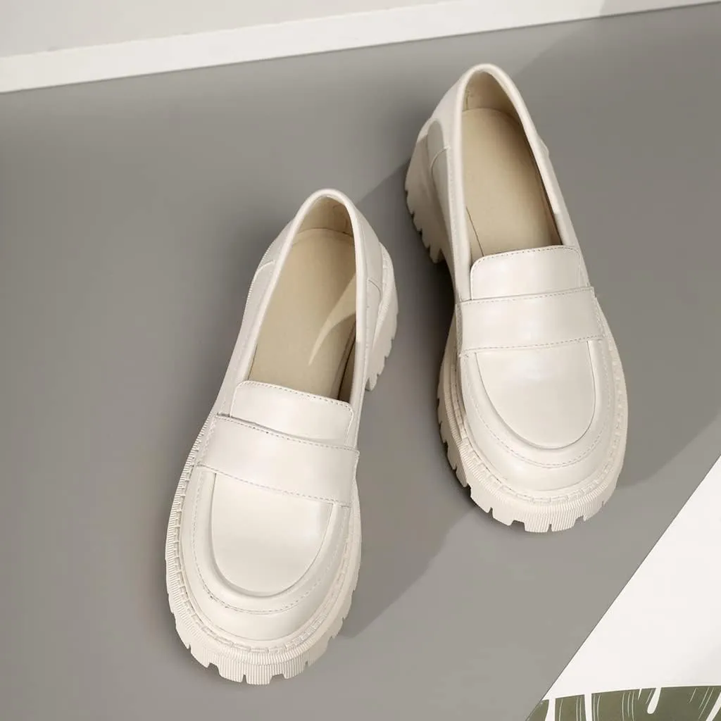 Women's Classic Slip On Penny Loafers Round Toe Leather Platform Mid Heel Dress Oxford Pump Shoes