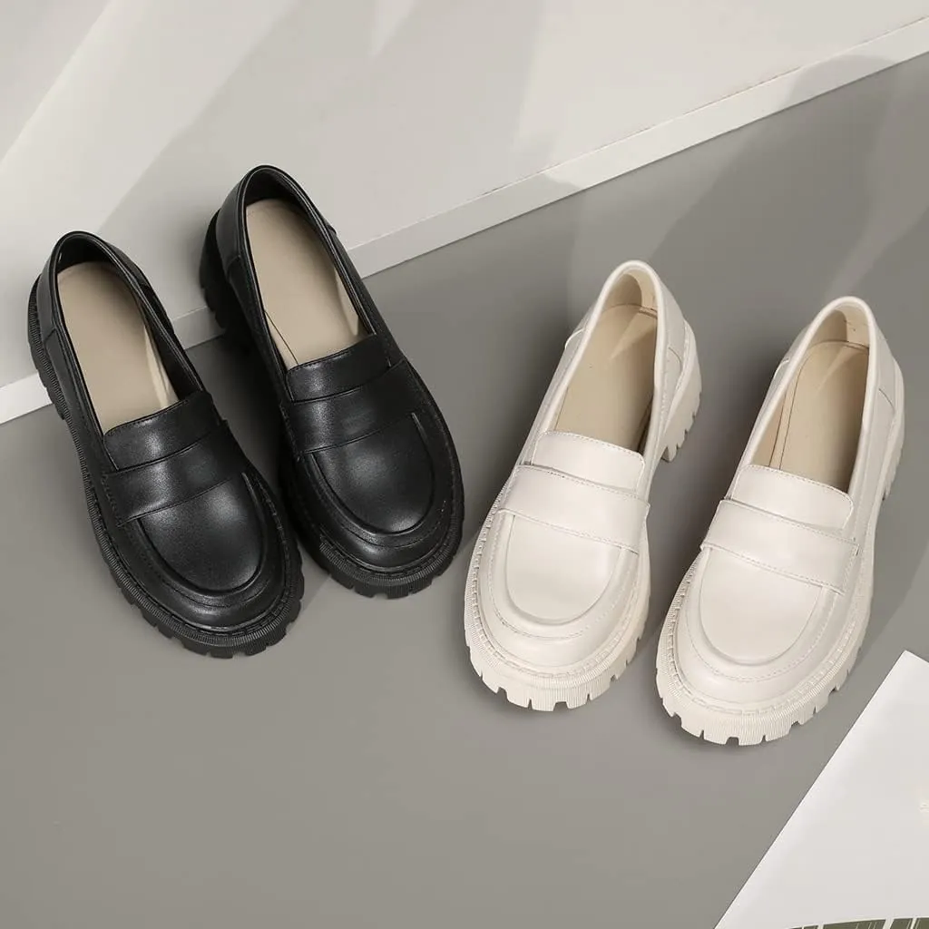Women's Classic Slip On Penny Loafers Round Toe Leather Platform Mid Heel Dress Oxford Pump Shoes