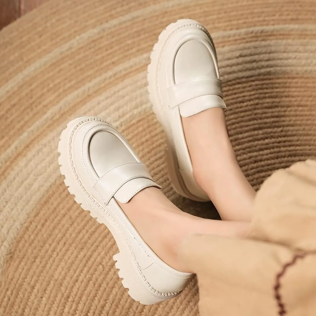 Women's Classic Slip On Penny Loafers Round Toe Leather Platform Mid Heel Dress Oxford Pump Shoes