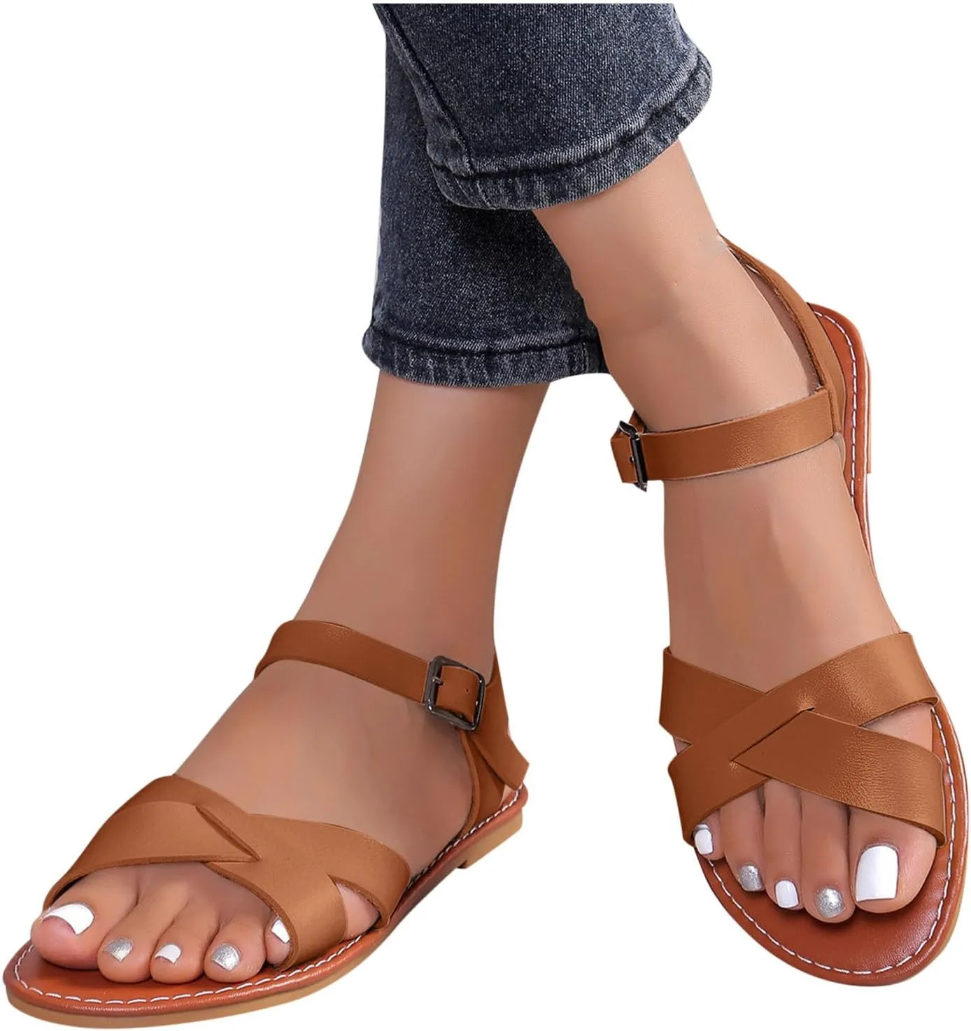 Womens Flat Sandals Comfort Casual Crisscross Open Toe Sandals Cute Summer Essential Sandal Fashion Ankle Sole Sandals