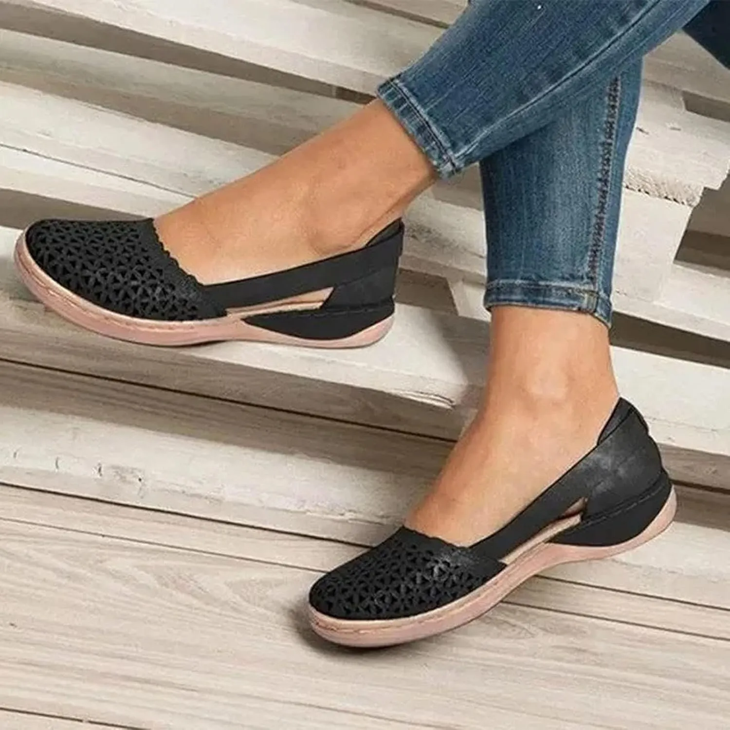 Womens Fusaro Shoes Leather Baotou Hollow Wedge Sandals Round Toe Platform Loafers Fashion Closed Toe Flat Sandal Lightweight Flat Sole Walking Shoes