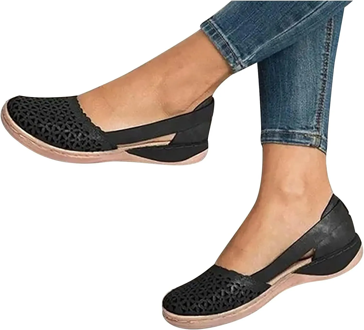 Womens Fusaro Shoes Leather Baotou Hollow Wedge Sandals Round Toe Platform Loafers Fashion Closed Toe Flat Sandal Lightweight Flat Sole Walking Shoes
