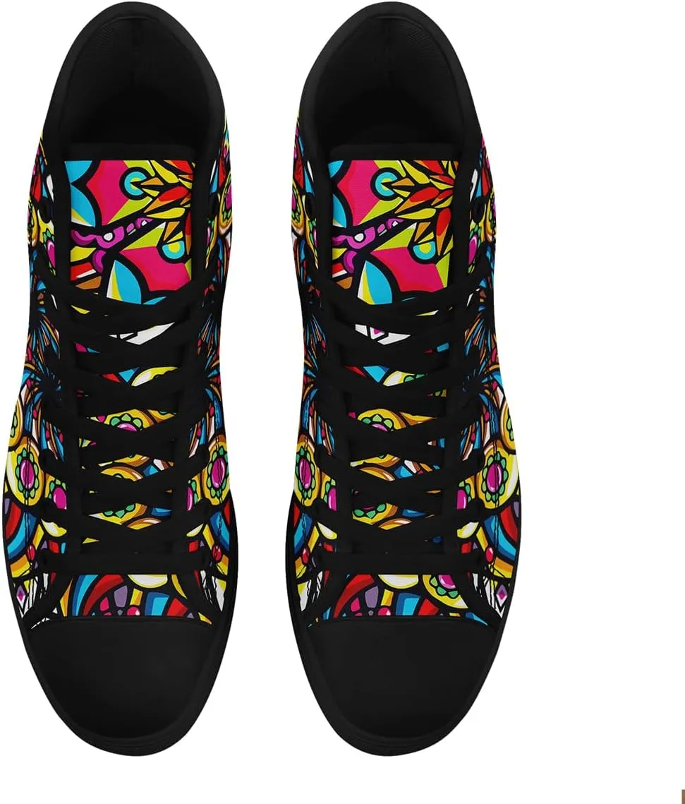 Womens Graffiti Black High Top Fashion Sneakers Canvas Shoes Classic Lace Up Walking Tennis Casual Skateboarding Sports Shoes