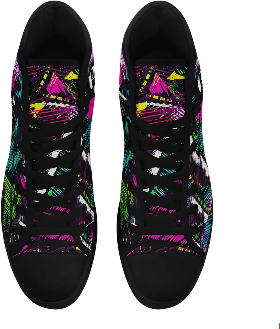 Womens Graffiti Black High Top Fashion Sneakers Canvas Shoes Classic Lace Up Walking Tennis Casual Skateboarding Sports Shoes