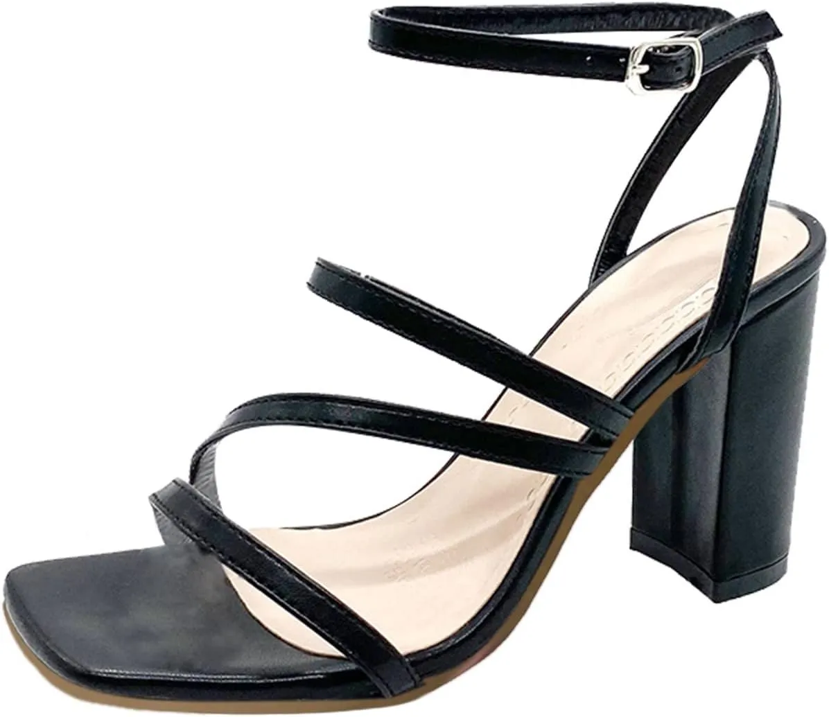 Women's Heels Chunky Block Strappy Square Open Toe Sandals Ankle Buckle Heeled Sandals Wedding Party Dress Shoes