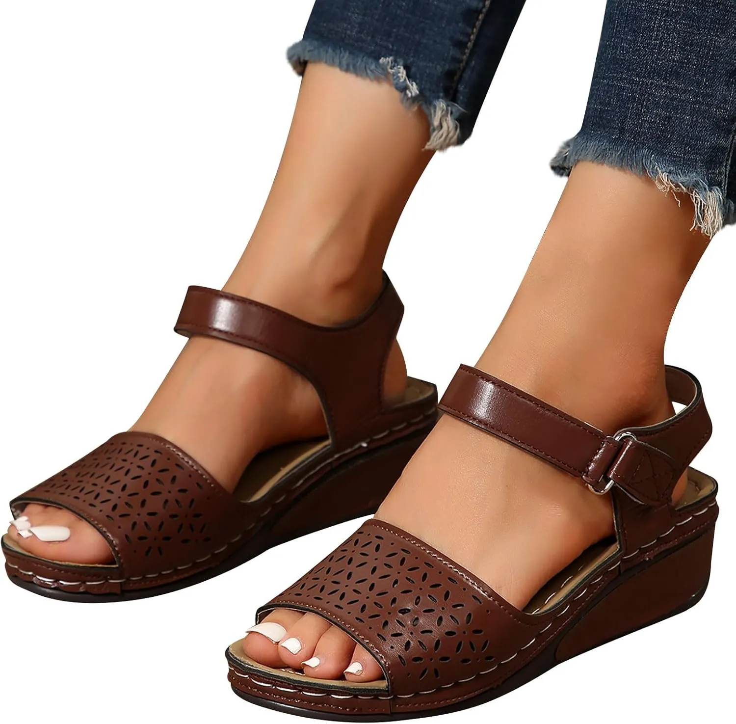 Womens Hollow Out Sandals Trendy Wide Width Plus Size Lightweight Comfort Sandal Fashion Beach Cozy Shoes