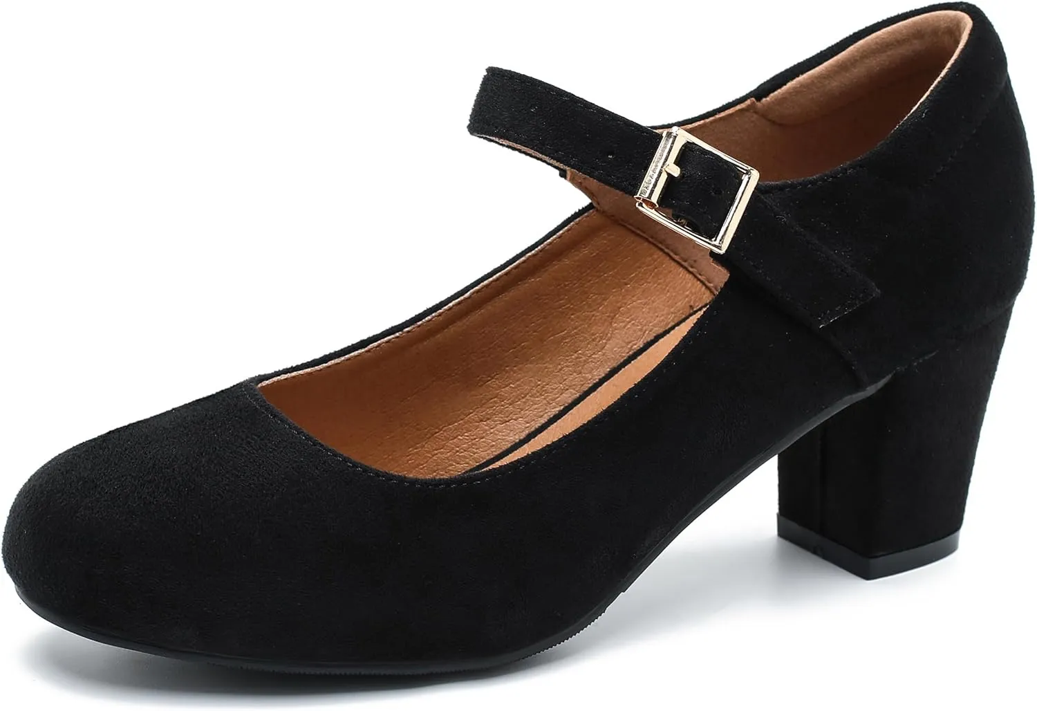 Women's Mary Jane Shoes Low Block Heel Ankle Strap Closed Round Toe Pumps Dress Wedding Office Work Church Shoes Black Suede 39-8US