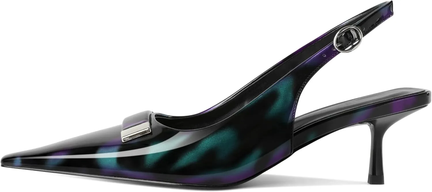 Women's Pointed Toe Slingback Heels Metal Buckle Ankle Strap Kitten Low Heel Pumps 2 Inch Stylish Retro Women Shoes