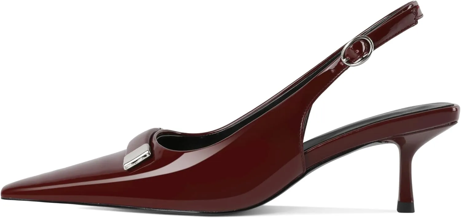 Women's Pointed Toe Slingback Heels Metal Buckle Ankle Strap Kitten Low Heel Pumps 2 Inch Stylish Retro Women Shoes