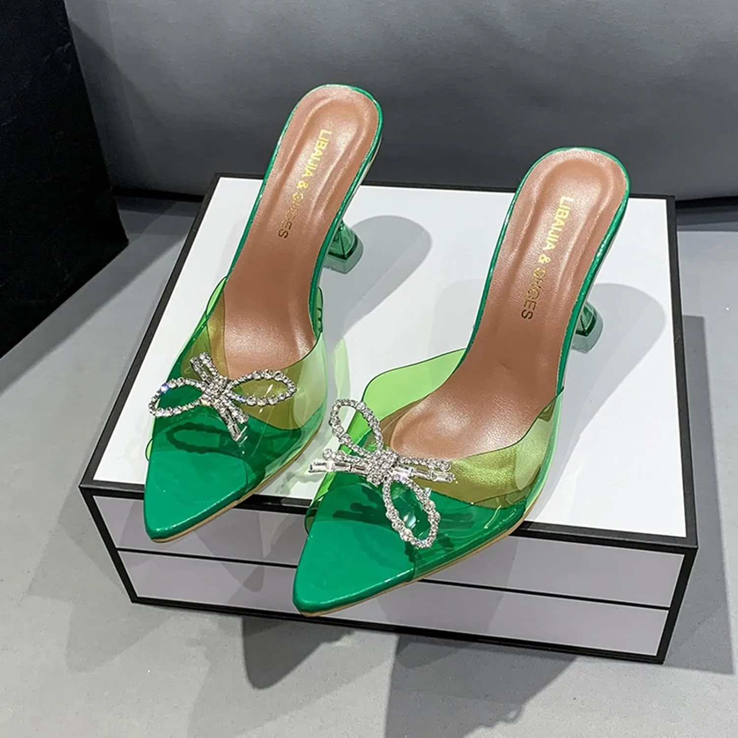 Womens Sandals Open Toe Clear Heels Rhinestones Slingback Wedding Shoes Pointed Toe High Heel Wedding Heels