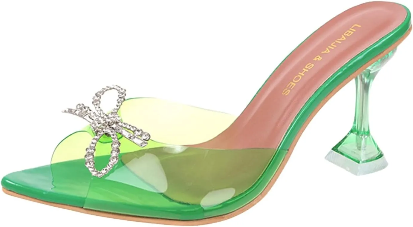 Womens Sandals Open Toe Clear Heels Rhinestones Slingback Wedding Shoes Pointed Toe High Heel Wedding Heels