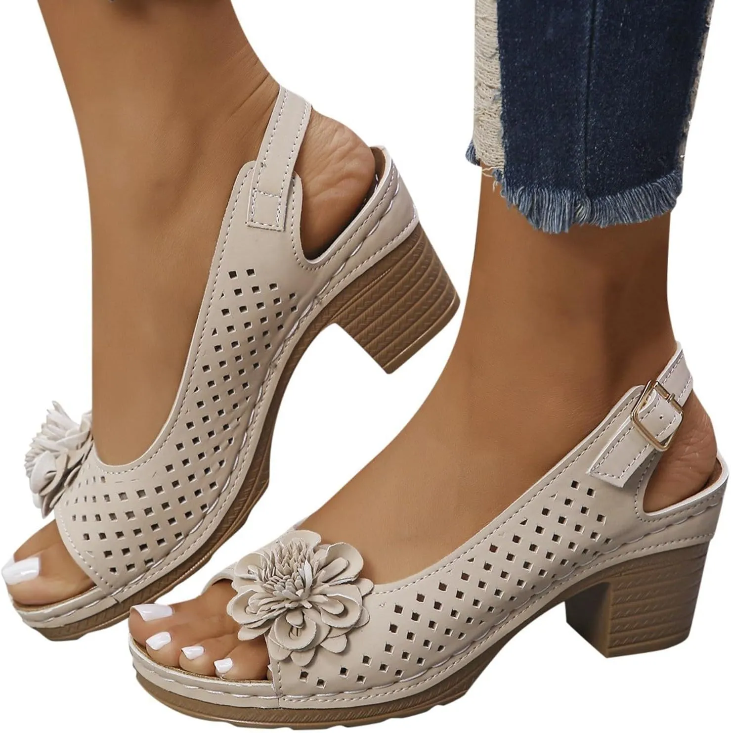 Women's Sandals Summer Open Toe Ankle Buckle Heel Cut Out Vamp Peep Toe Sandals Slingback Casual Solid Color Hollow Out Floral Sandal Dressy Wedding Dance Shoes 2025