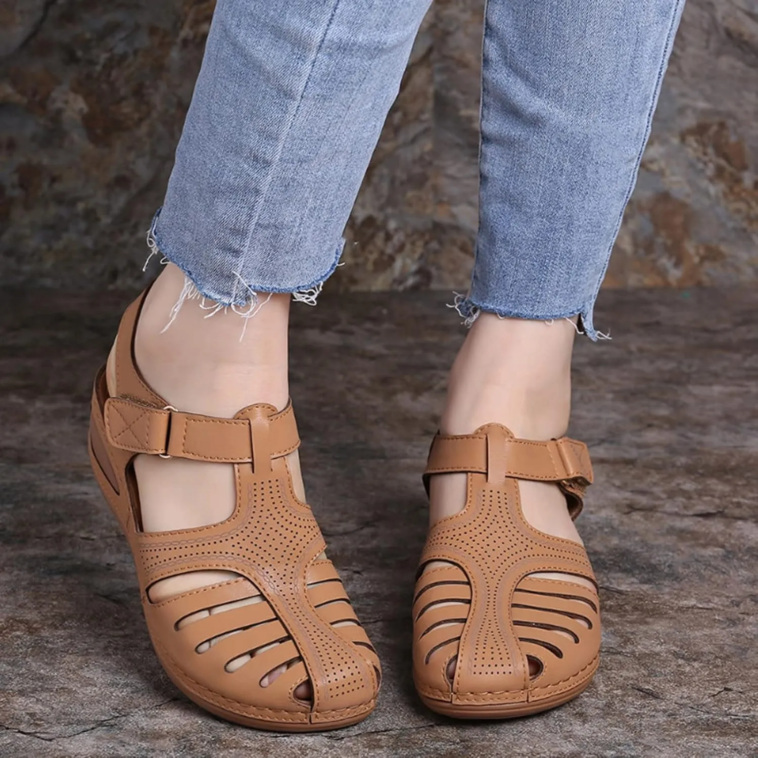 Womens Summer Sandals Casual Bohemia Gladiator Closed Toe Wedge Shoes Comfort Ankle Strap Slip On Platform Sandals