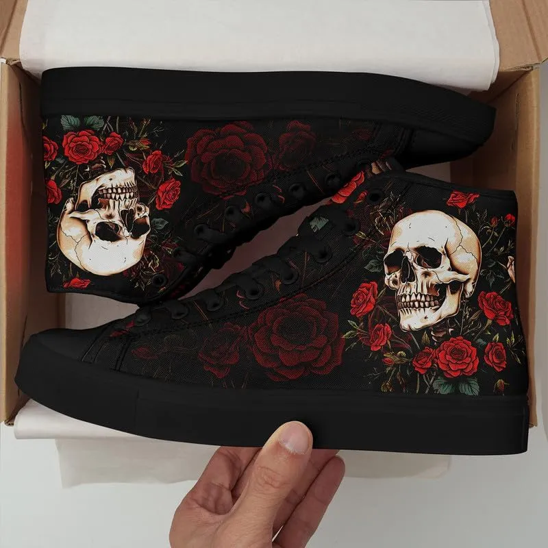 Womens/Mens Fashion High Top Canvas Shoes Lace Up Skull Black Canvas Sneaker Non Slip Casual Comfortable Walking Tennis Shoes
