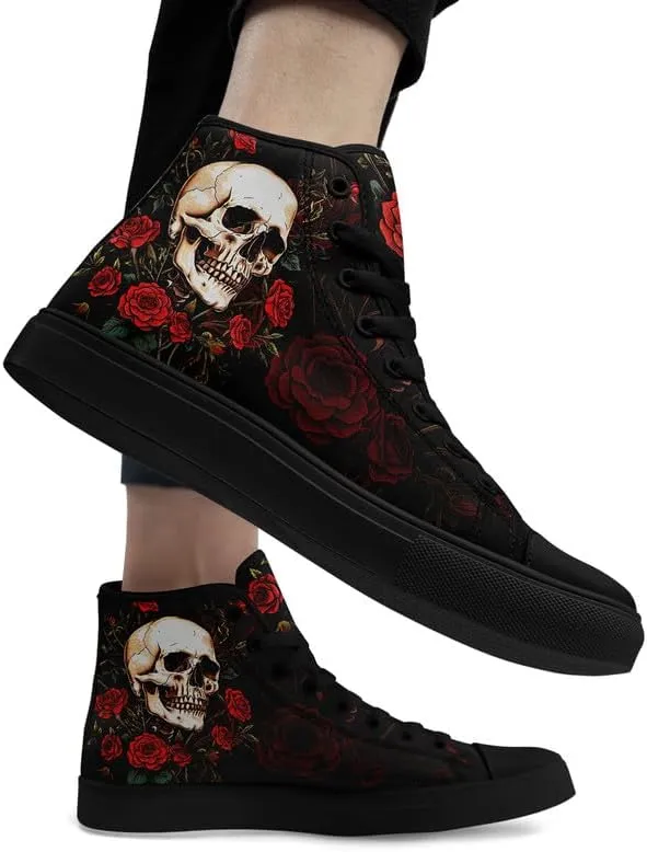Womens/Mens Fashion High Top Canvas Shoes Lace Up Skull Black Canvas Sneaker Non Slip Casual Comfortable Walking Tennis Shoes