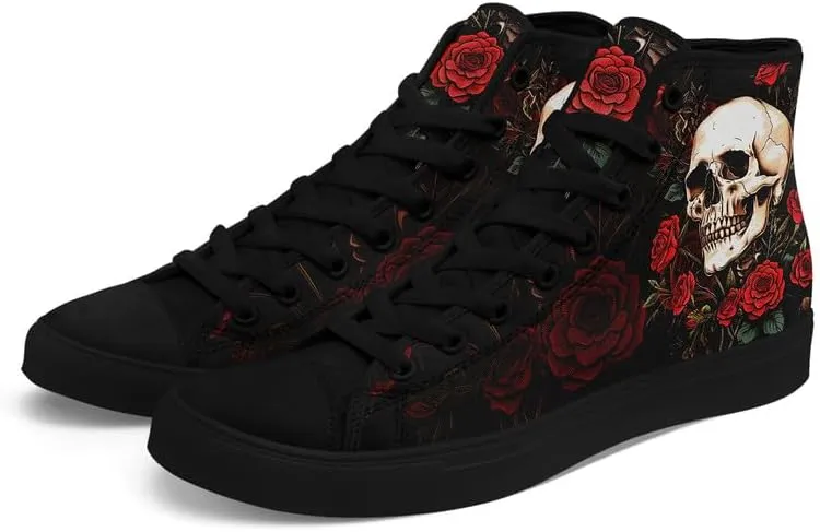 Womens/Mens Fashion High Top Canvas Shoes Lace Up Skull Black Canvas Sneaker Non Slip Casual Comfortable Walking Tennis Shoes