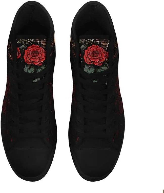 Womens/Mens Fashion High Top Canvas Shoes Lace Up Skull Black Canvas Sneaker Non Slip Casual Comfortable Walking Tennis Shoes
