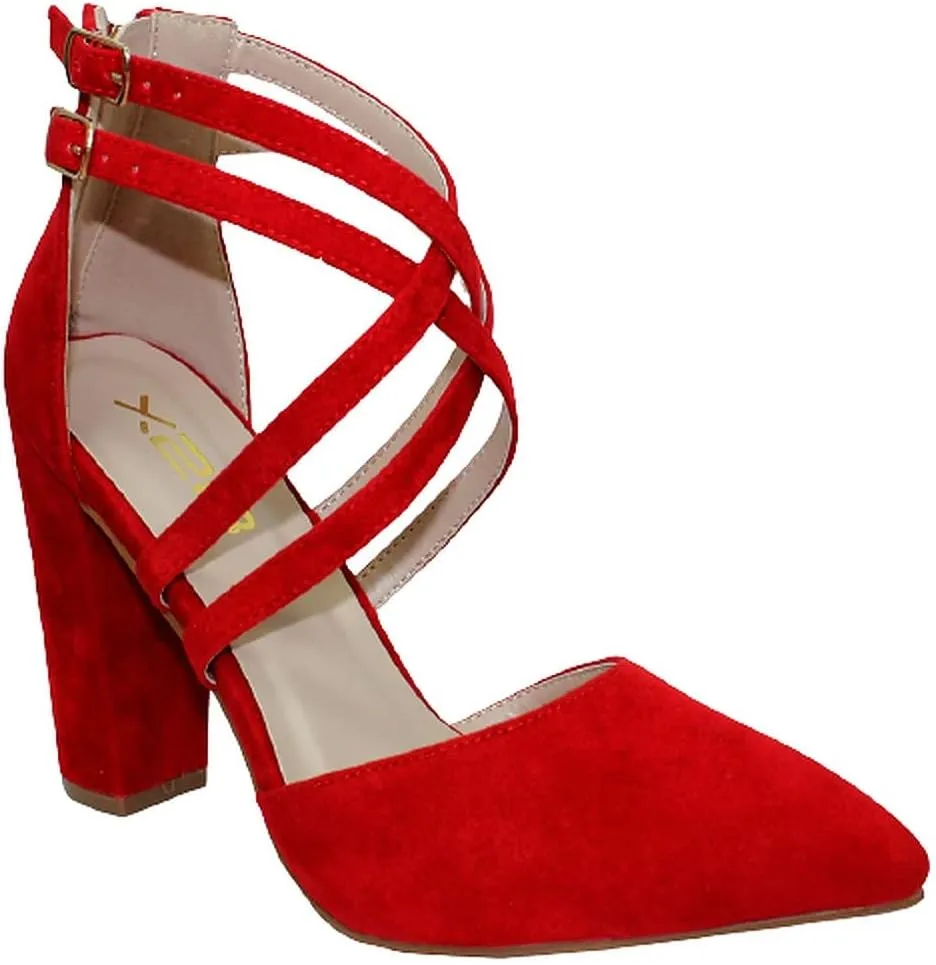 X2B Womens Pointed Toe Pumps Ankle Strap Chunky Block Heel Sandals