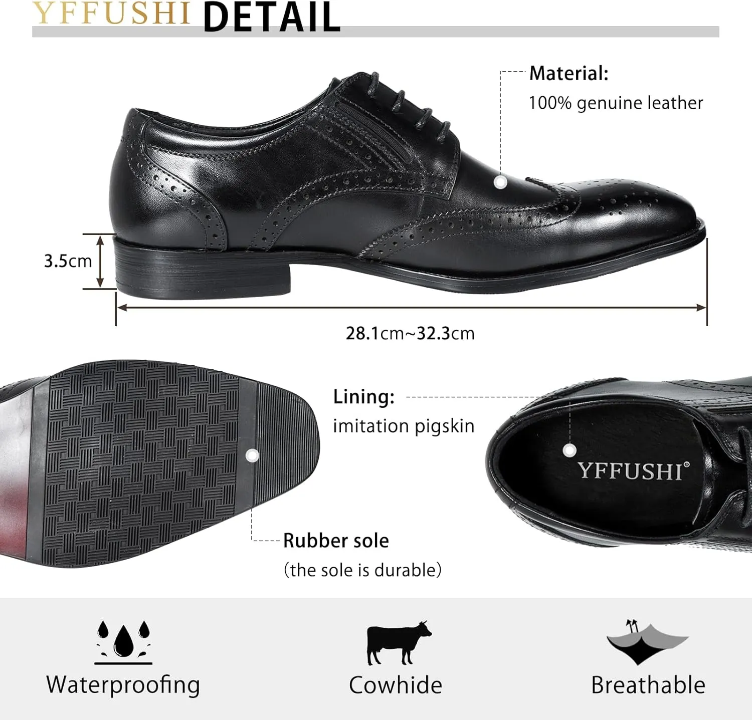 YFFUSHI Men's Oxfords Shoes Classic Leather Wingtip Lace Up Modern Formal Dress Shoes