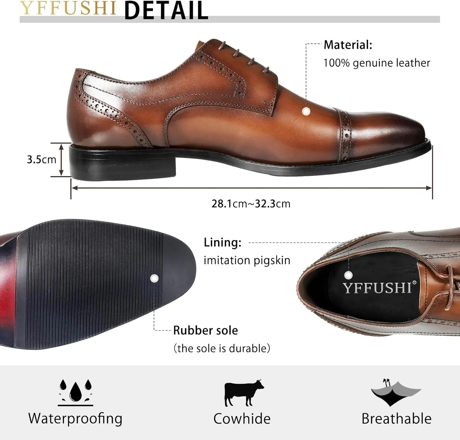 YFFUSHI Men's Oxfords Shoes Classic Leather Wingtip Lace Up Modern Formal Dress Shoes