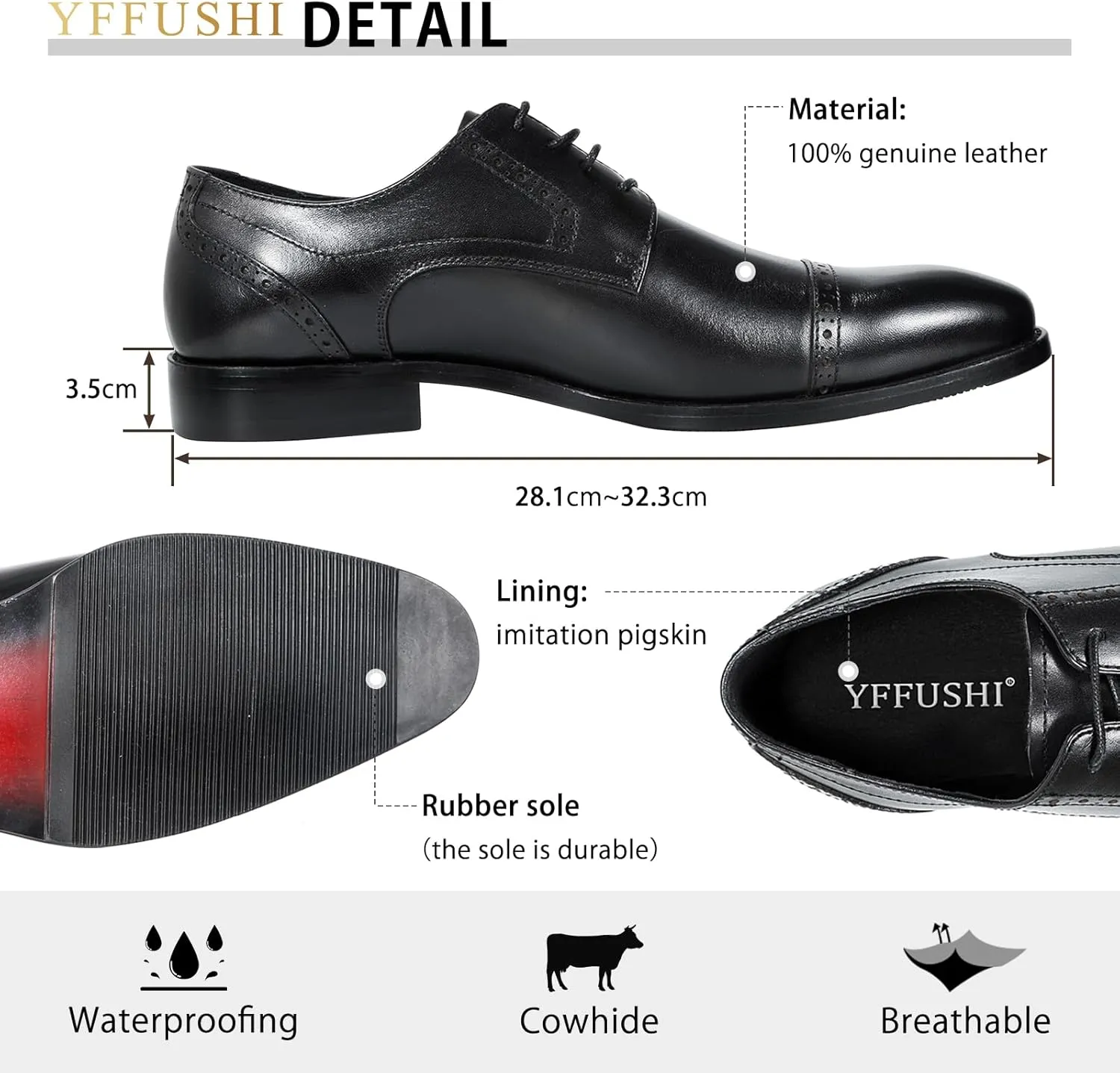 YFFUSHI Men's Oxfords Shoes Classic Leather Wingtip Lace Up Modern Formal Dress Shoes