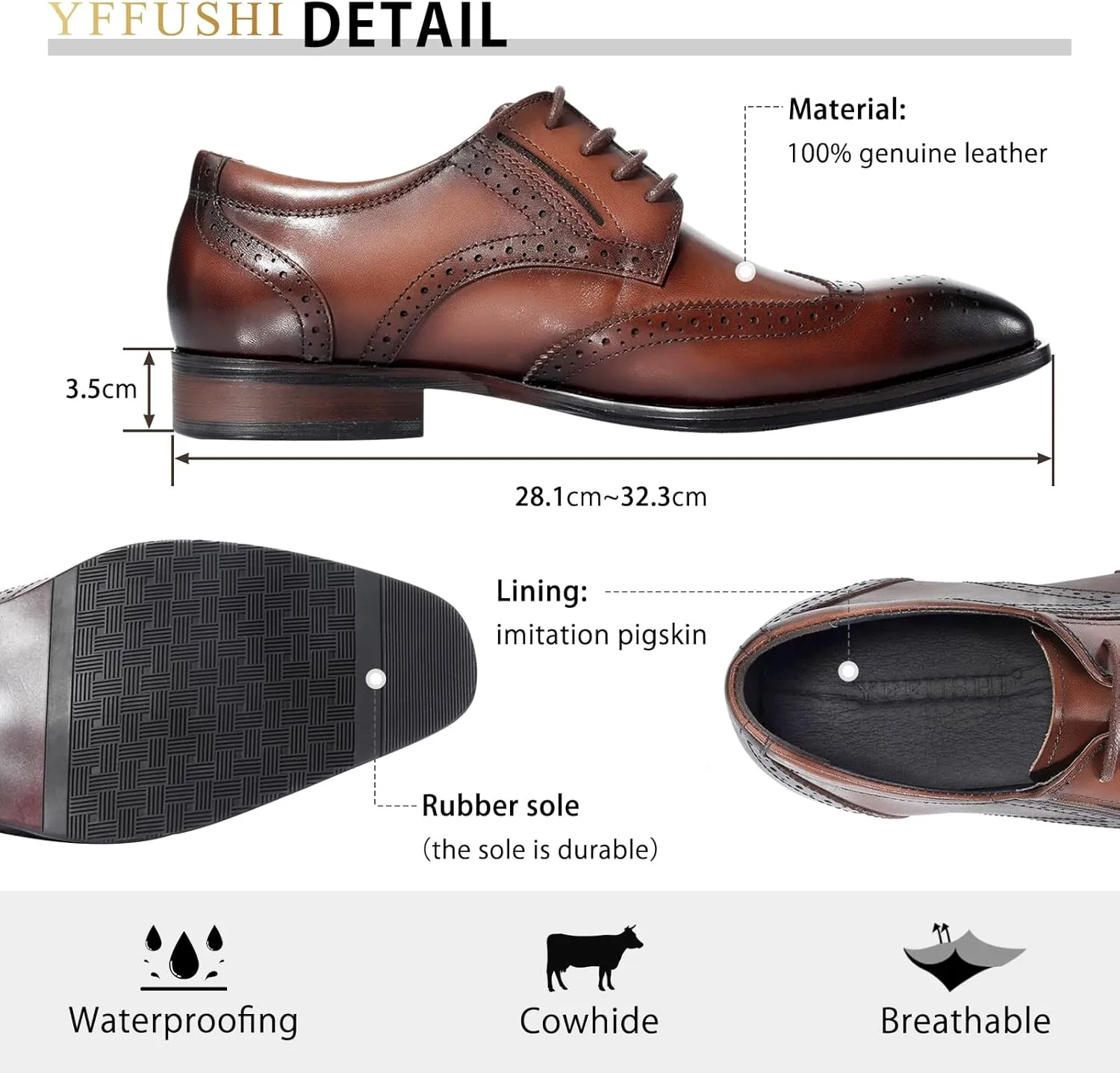 YFFUSHI Men's Oxfords Shoes Classic Leather Wingtip Lace Up Modern Formal Dress Shoes