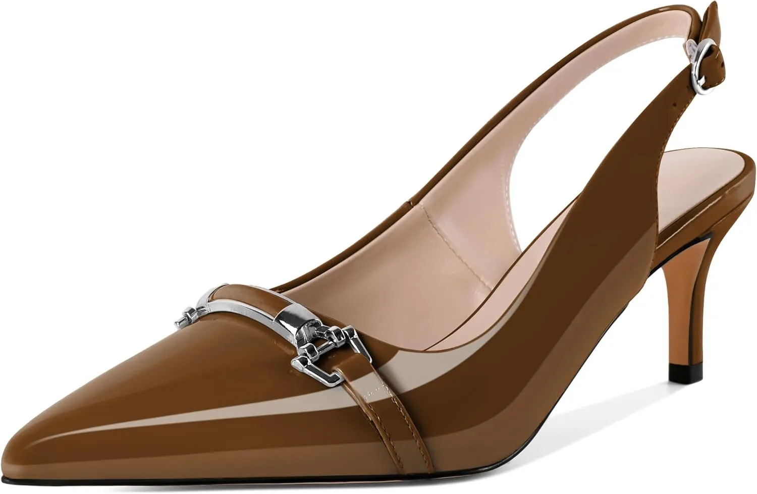 YODEKS Women's Slingback Heels Pointed Toe Low Heel Pumps Silver Buckle 2.5 Inch Shoes Patent Size 5-13